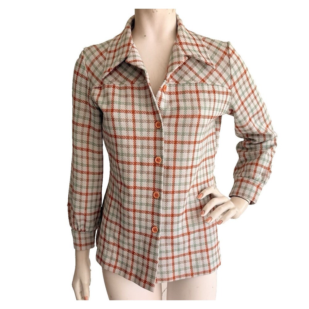 VERONA 70's Vintage Top Ivory Orange Plaid Wide Collar Button Front Retro Size S